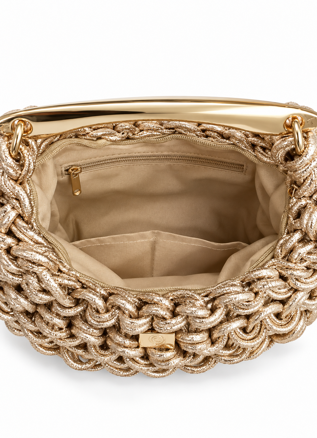 Cerine Crochet Bag in Light Gold. Lined interior and zipped pocket.