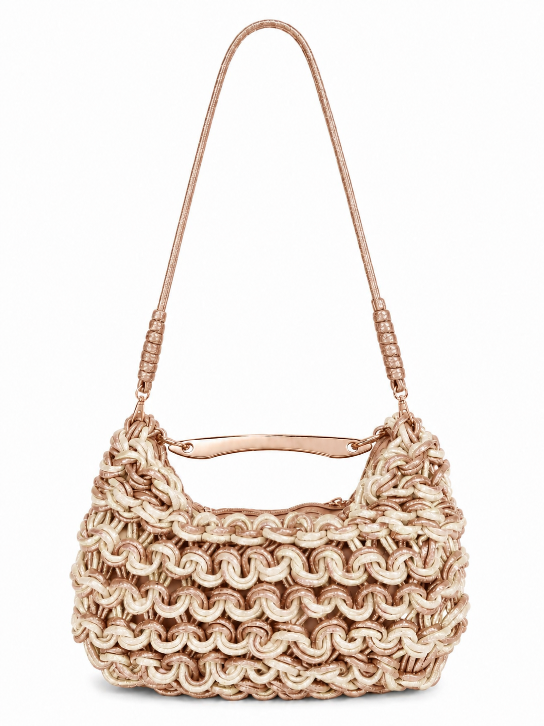 Cerine Crochet Bag in Rose Gold and Cream. Front view with curved handle and long strap.