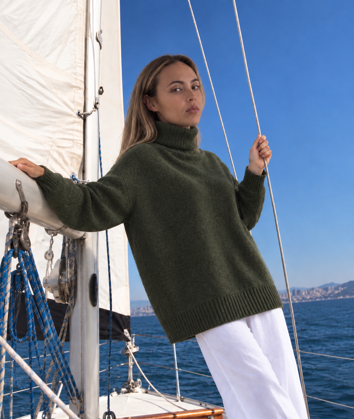 Cozy Turtleneck Sweater in Army Green, worn with white trousers while standing on a sailboat.