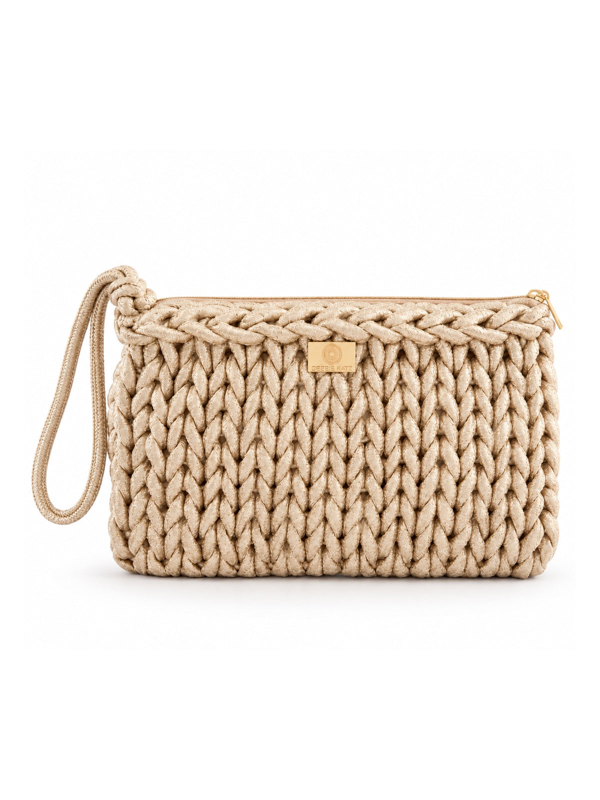 Bardot Crochet Clutch in Light Gold. Front view on white.
