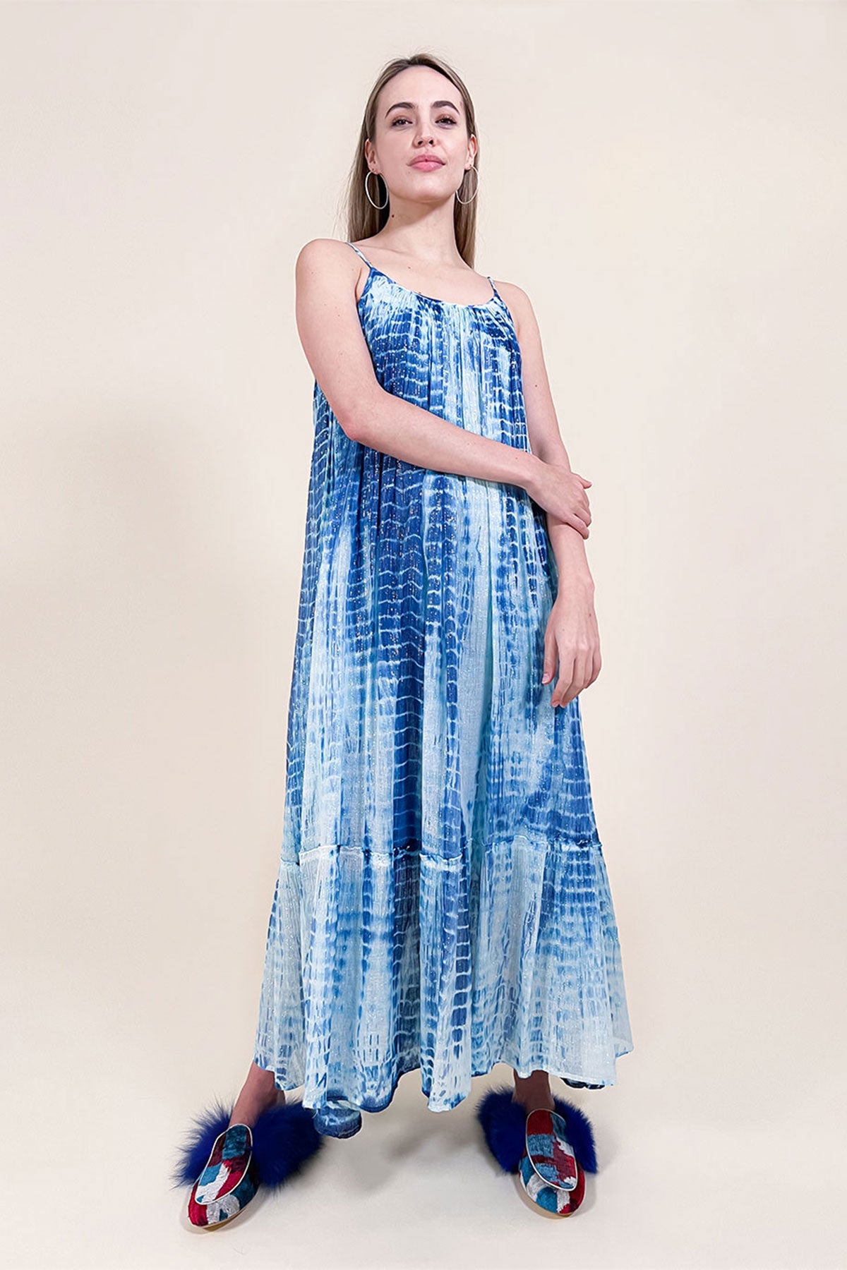 maxi dress balloon sleeves Printed Tie Neck Balloon Sleeve Maxi Dress Heliotrope Purple / M