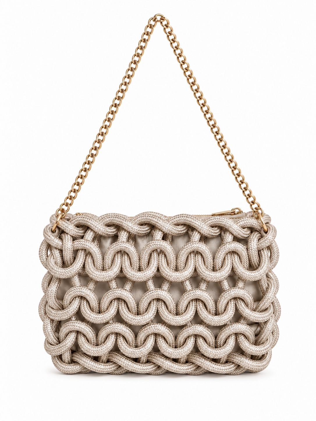 Laurel Crochet Bag in Champagne. Front view with chain handle.