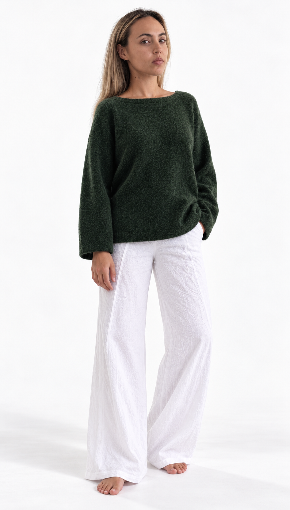 Merry Boatneck Sweater in Army Green, front studio view showing the boat neckline.