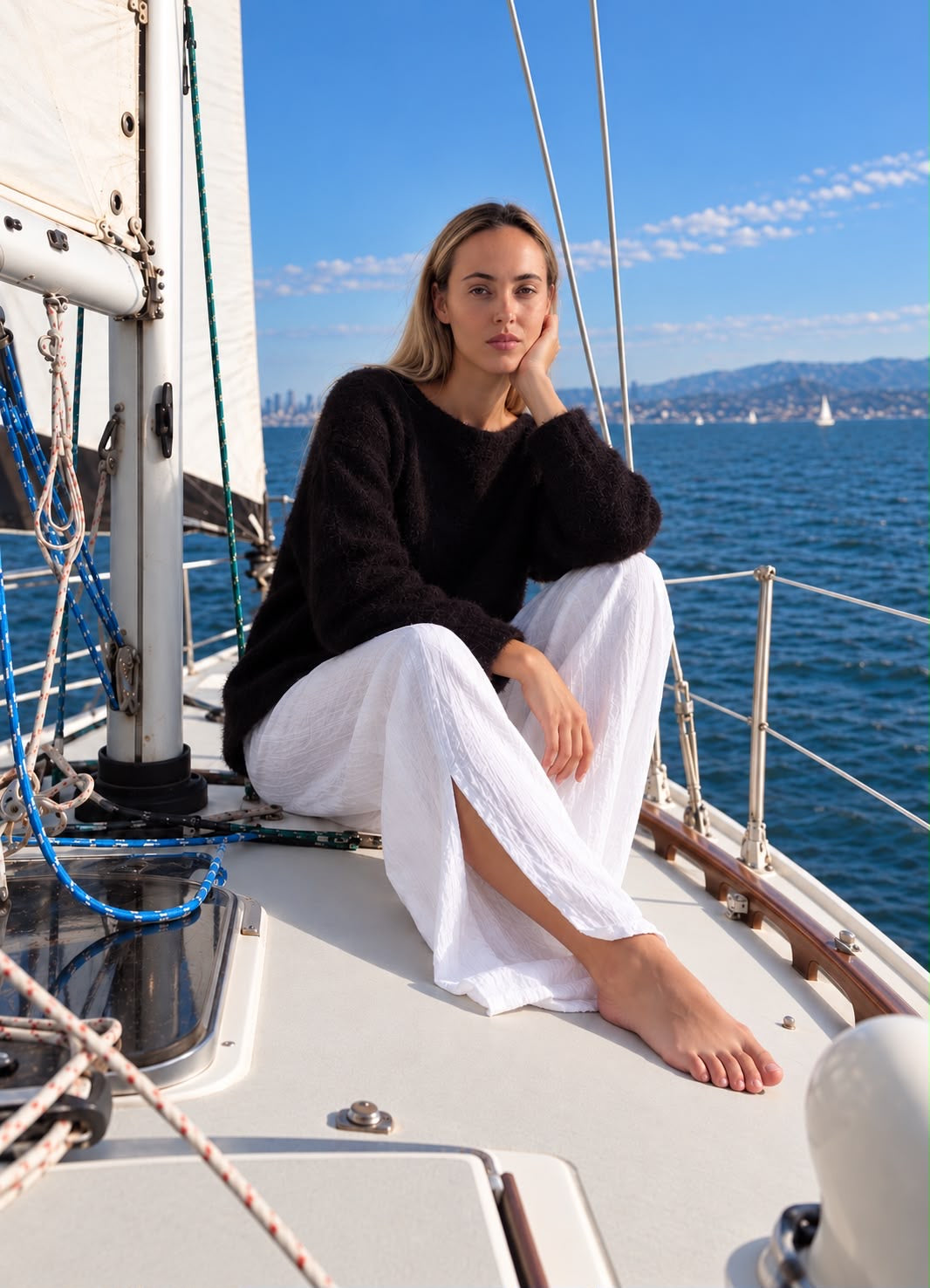 Merry Boatneck Sweater in Chocolate, seated on a sailboat with white trousers.
