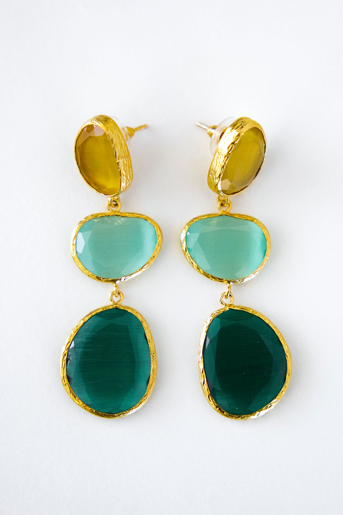 Ada Greens earrings with three linked green stones and post fastenings