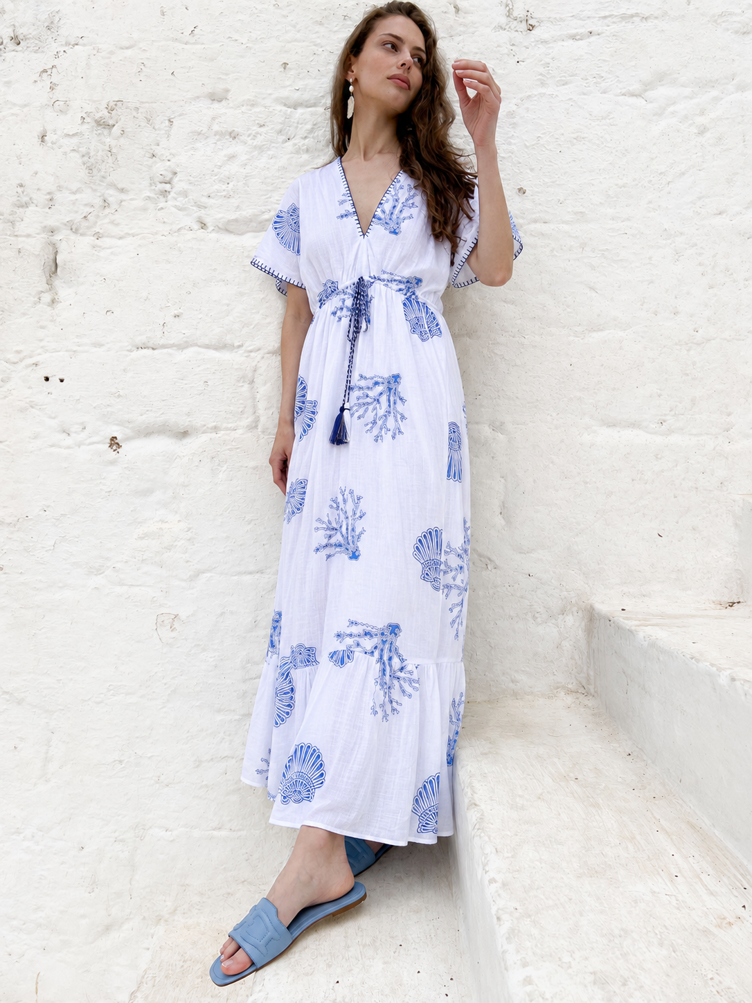 Jayla Maxi Dress — white and blue printed maxi dress, full-length front view