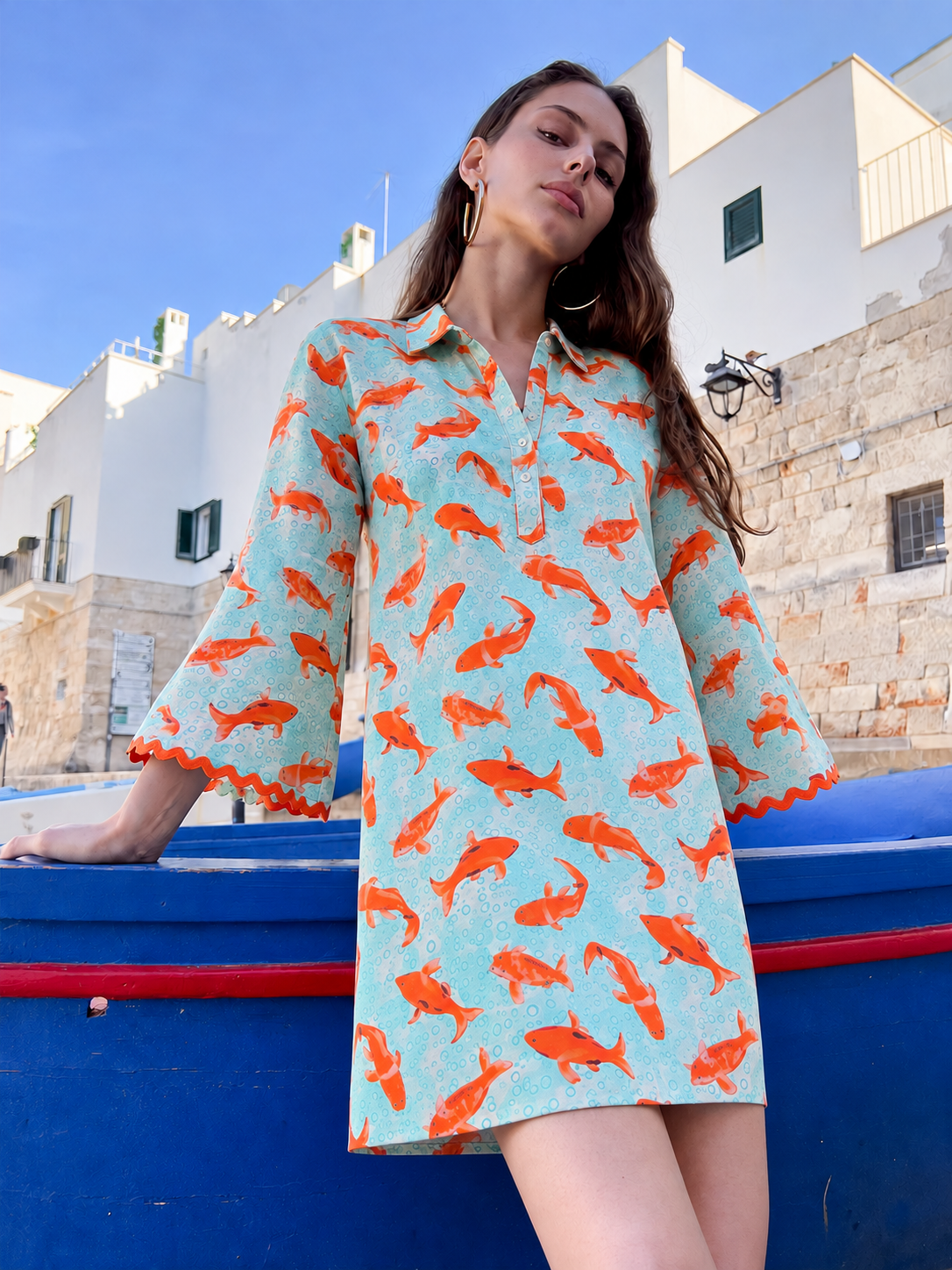 Leina — koi-print dress, closer front view