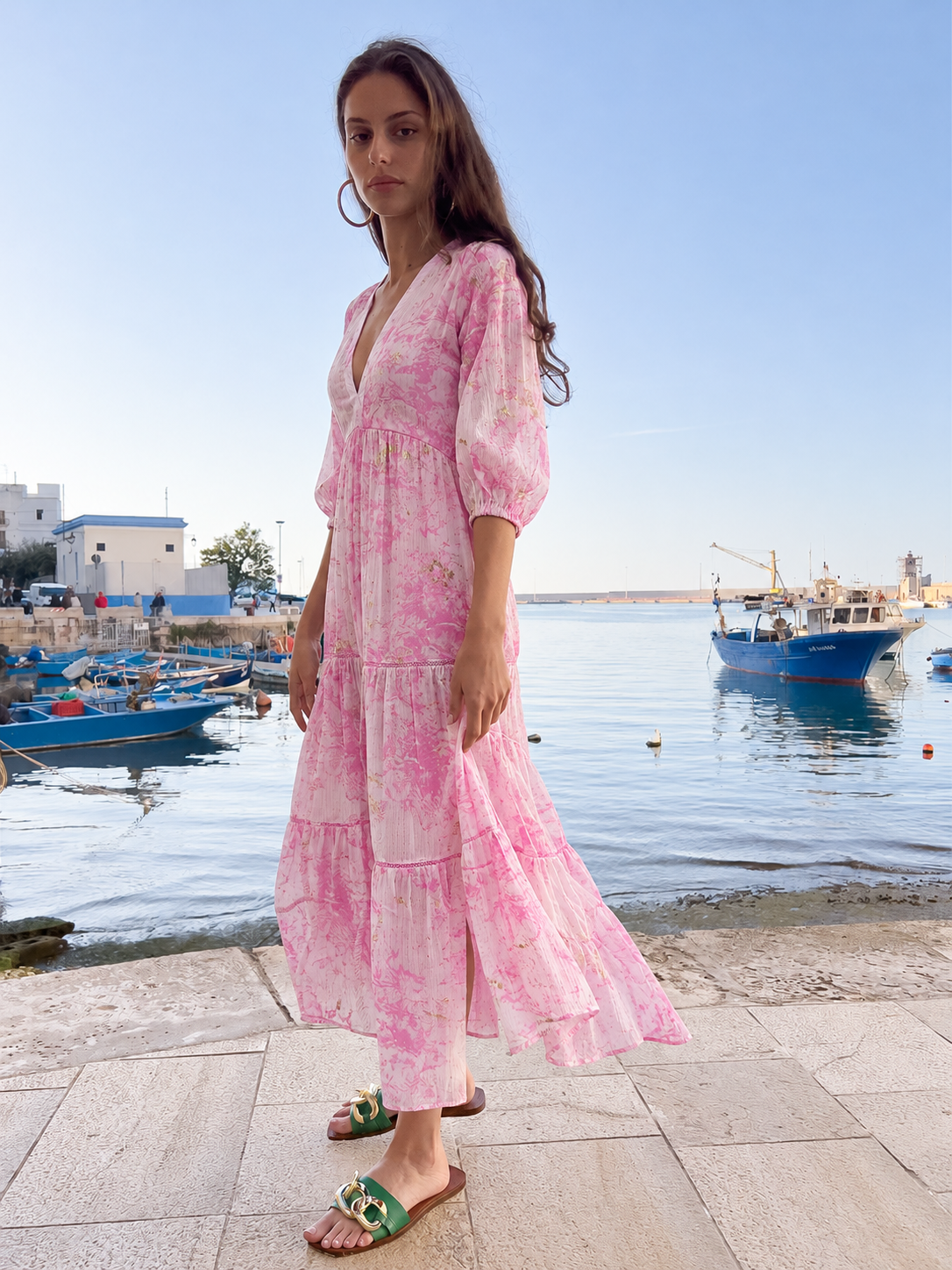 Medan Pink — pink tiered dress, walking side view