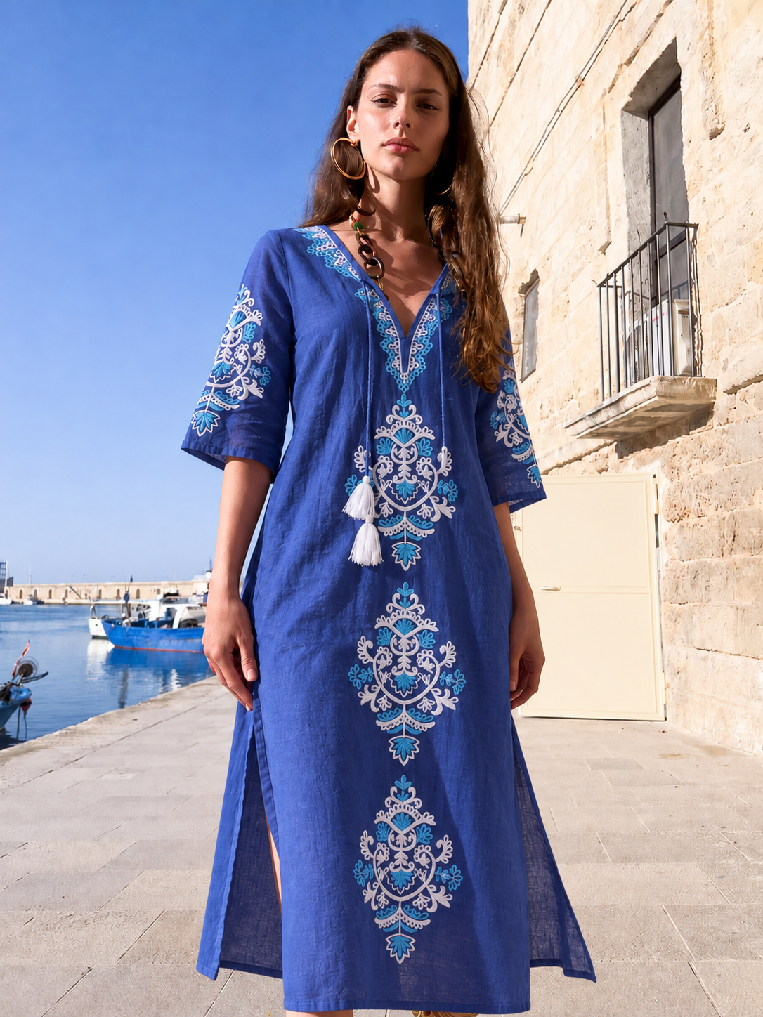 Moni Maxi Tunic Navy — navy embroidered maxi tunic, standing view in town