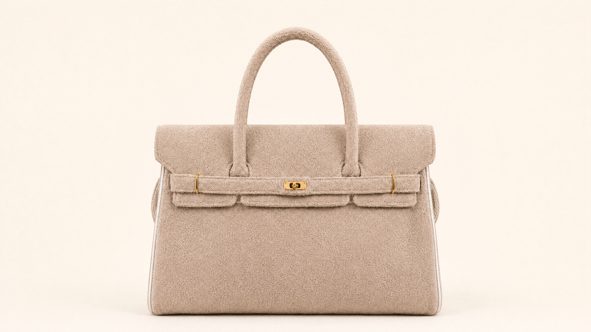 Terri Maxi Taupe terry-cloth bag with rounded handles and gold-tone turn-lock on a warm ivory background