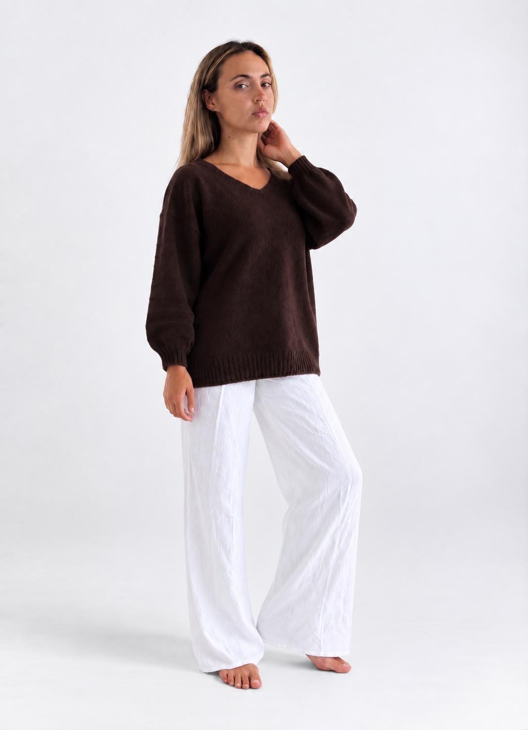 Vail V-Neck Sweater in Chocolate, front studio view showing the V-neck.