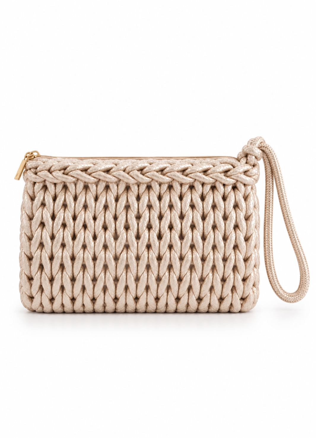 Bardot Crochet Clutch in Champagne. Back view on white.