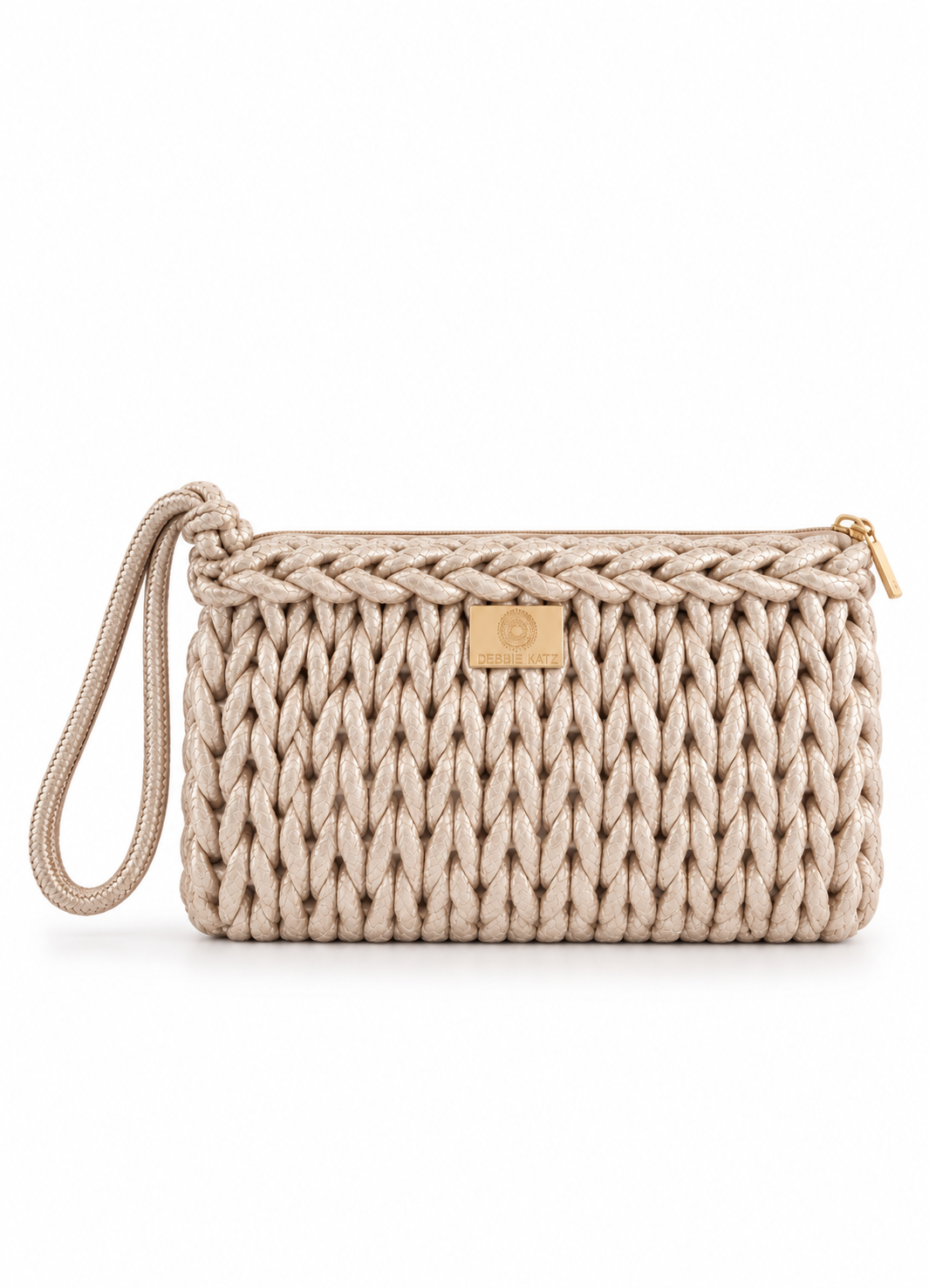 Bardot Crochet Clutch in Champagne. Front view on white.
