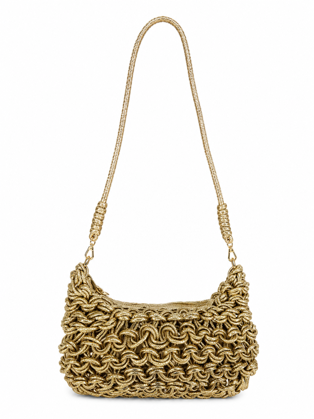 Cerine Crochet Bag in Light Gold. Reverse view with long strap.