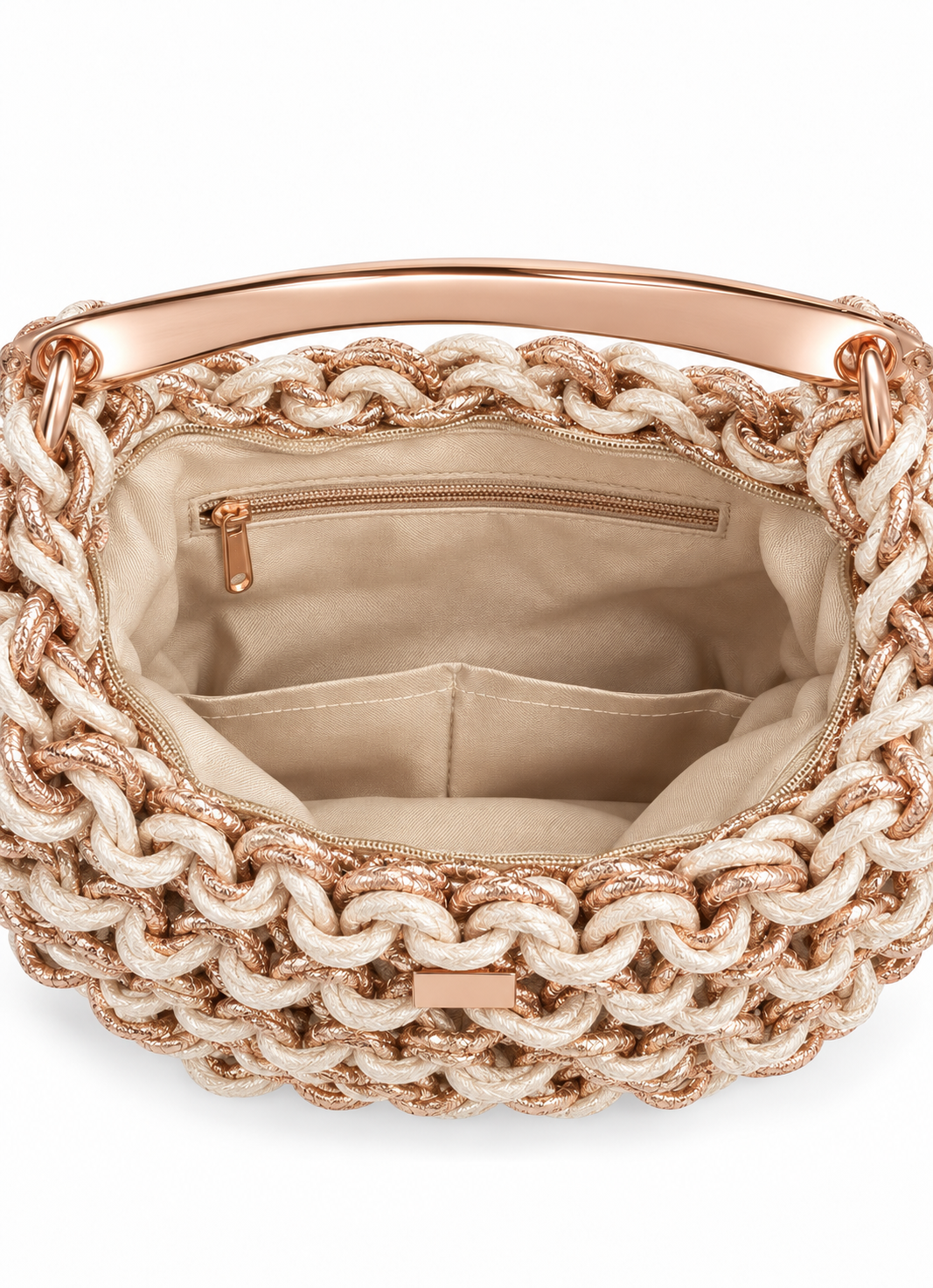 Cerine Crochet Bag in Rose Gold and Cream. Lined interior and zipped pocket.