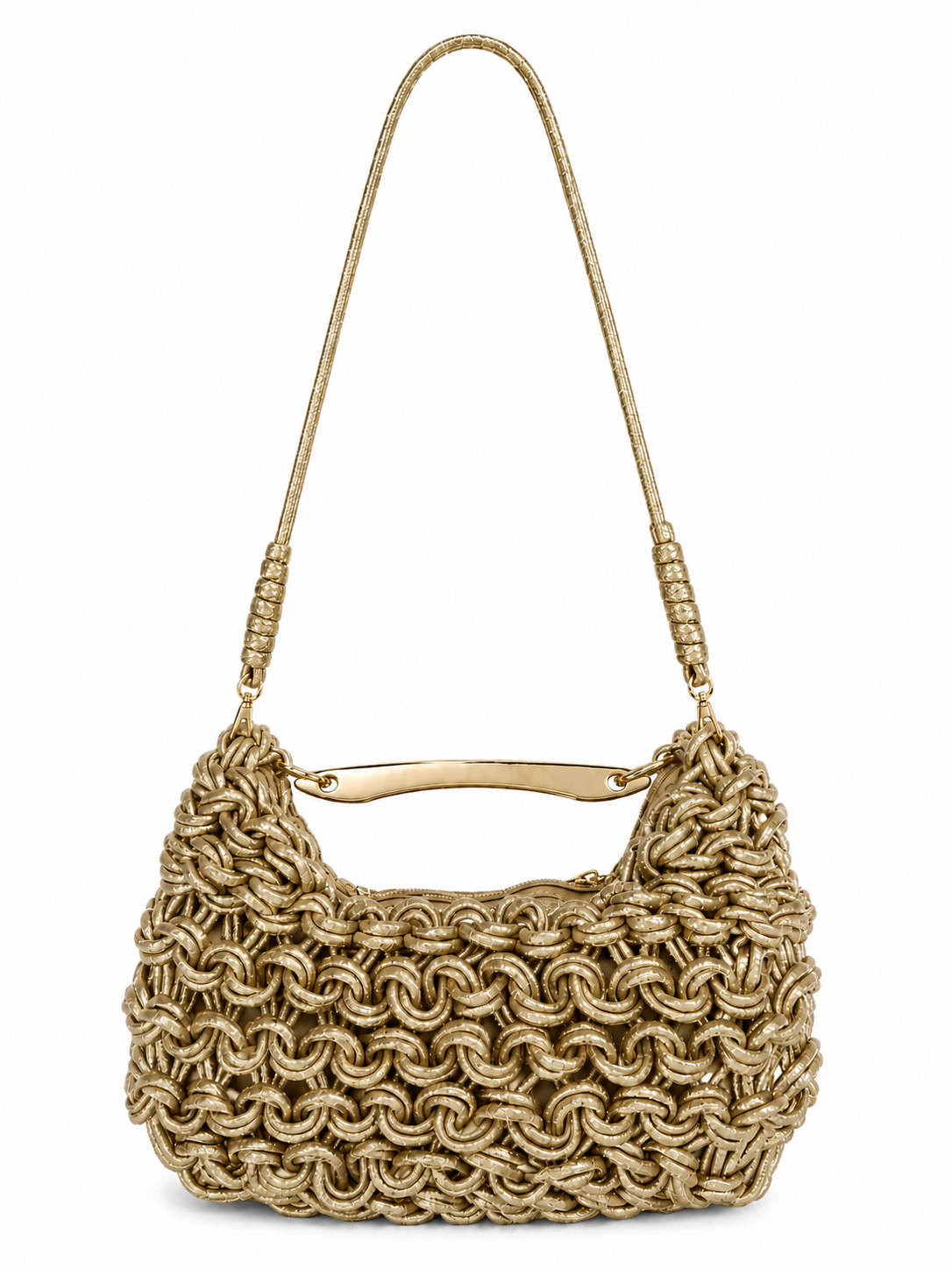 Cerine Crochet Bag in Light Gold. Front view with curved handle and long strap.