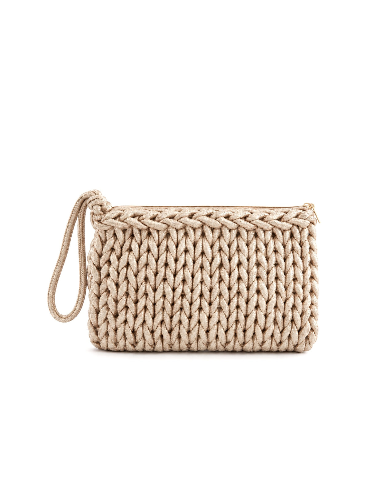 Bardot Crochet Clutch in Light Gold. Alternate front view without a visible logo plaque.