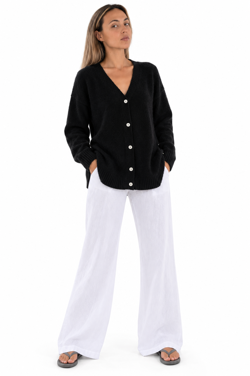 Frost Cardigan in Black, front studio view showing the button front.
