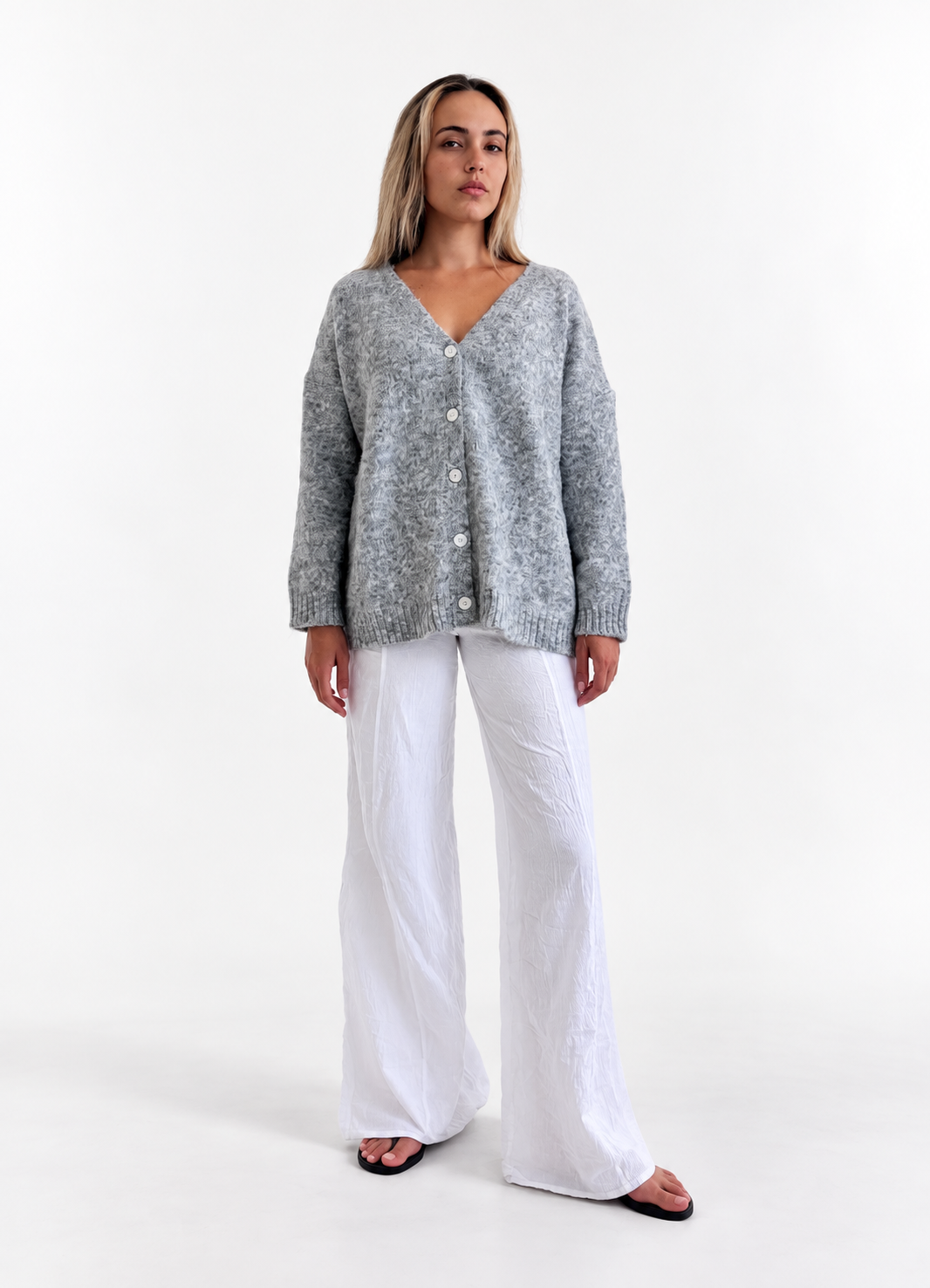 Frost Cardigan in Heather Grey, front studio view showing the V-neck and buttons.