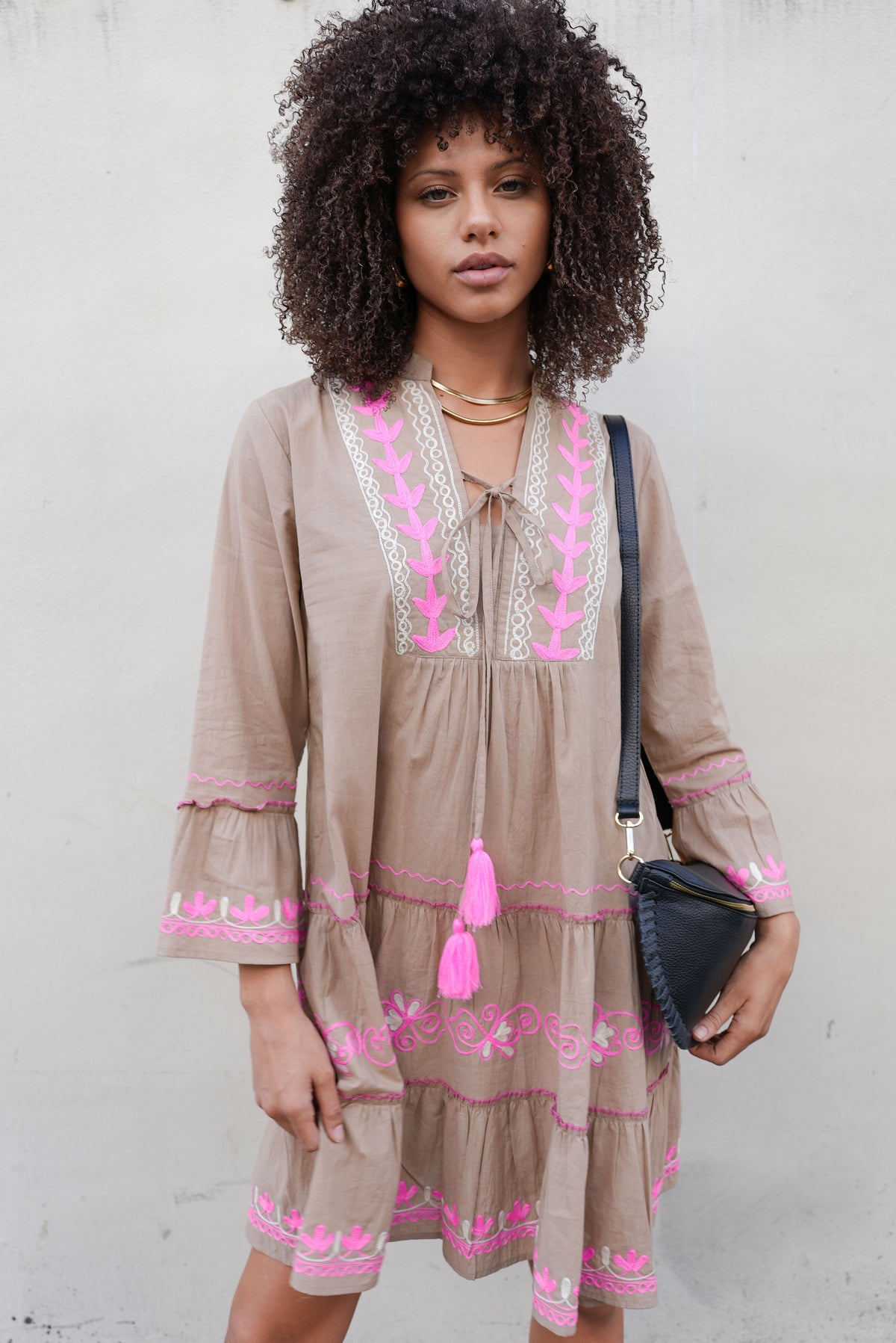 Kady Embroidered Mini Dress in Taupe. Front view of taupe dress with pink embroidery.