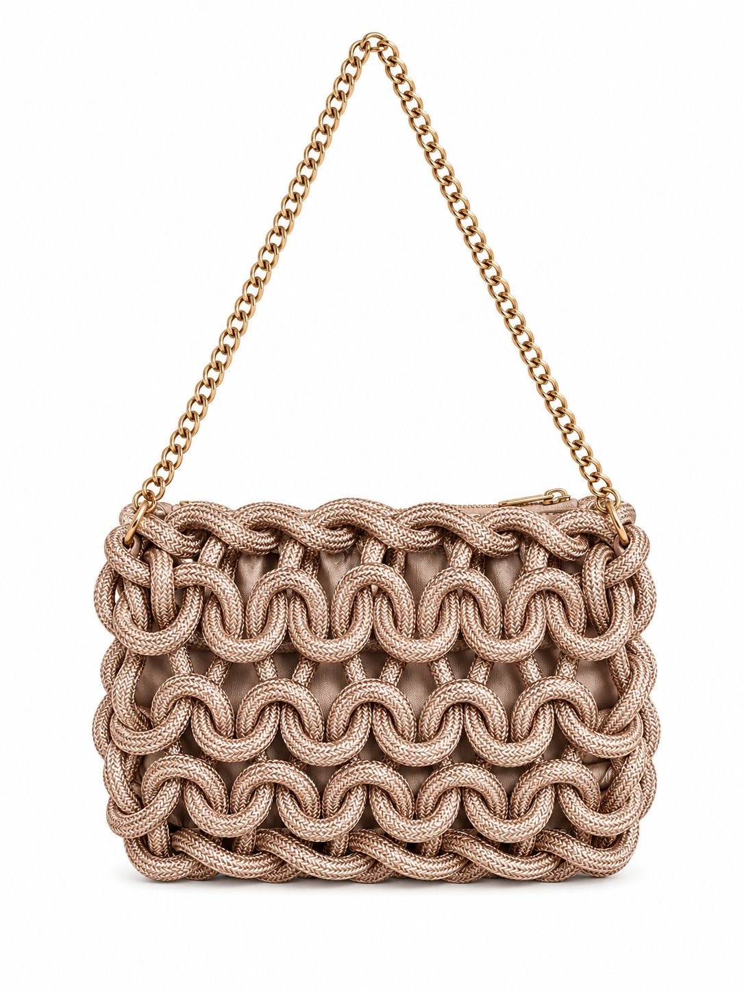 Laurel Crochet Bag in Rose Gold. Front view with chain handle.