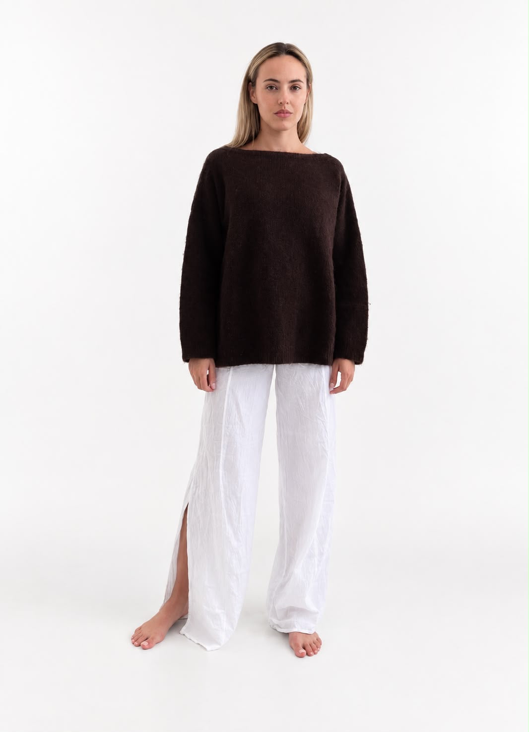 Merry Boatneck Sweater in Chocolate, front studio view showing the boat neckline.