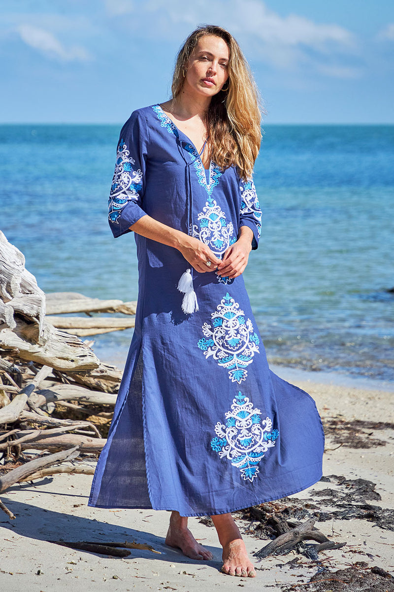 embroidered tunic dress Debbie Katz Moni Maxi Navy – Navy Blue Women's Tunic XS Size:6 / 2 US Floral Resort Dress Wholesale Off-the-Shoulder Champagne Sequins Chic ethnic dress