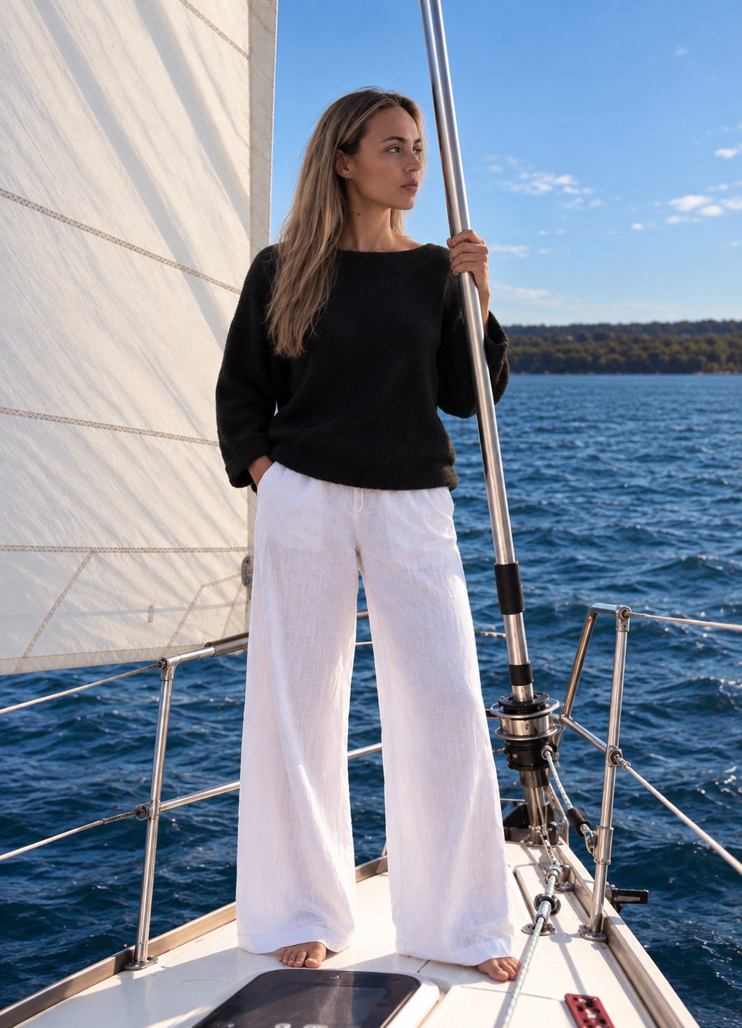 Merry Boatneck Sweater in Black, standing on a sailboat with white trousers.