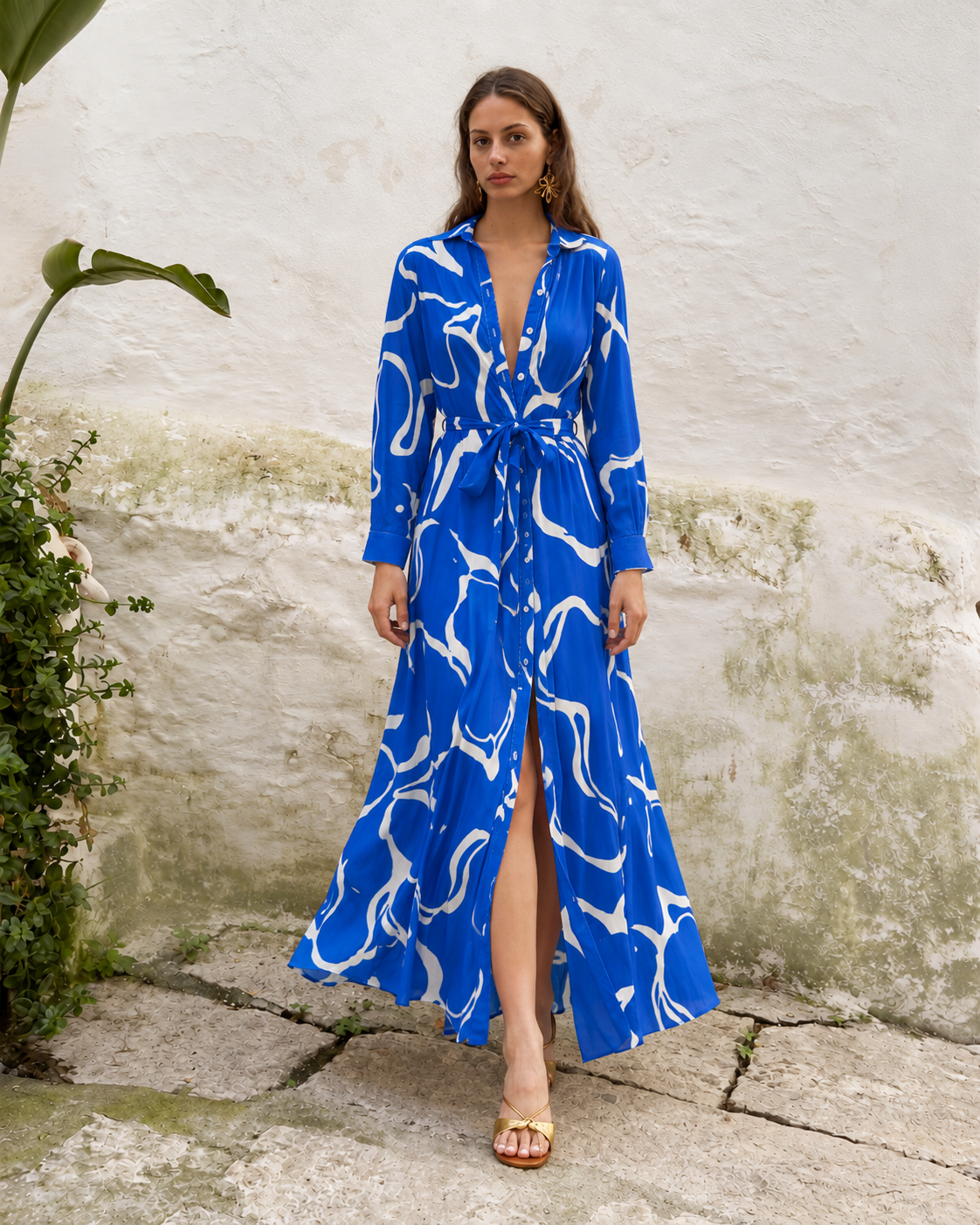 Collin Blue — cobalt and white belted shirt dress, full-length front view