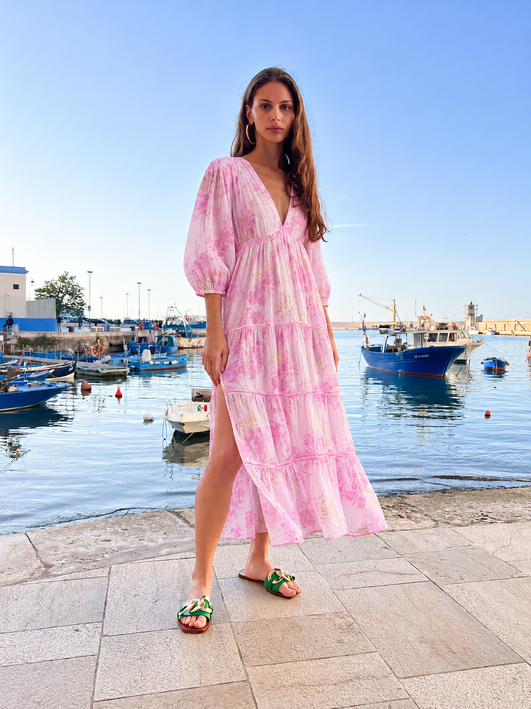Medan Pink — pink tiered dress, full-length front view