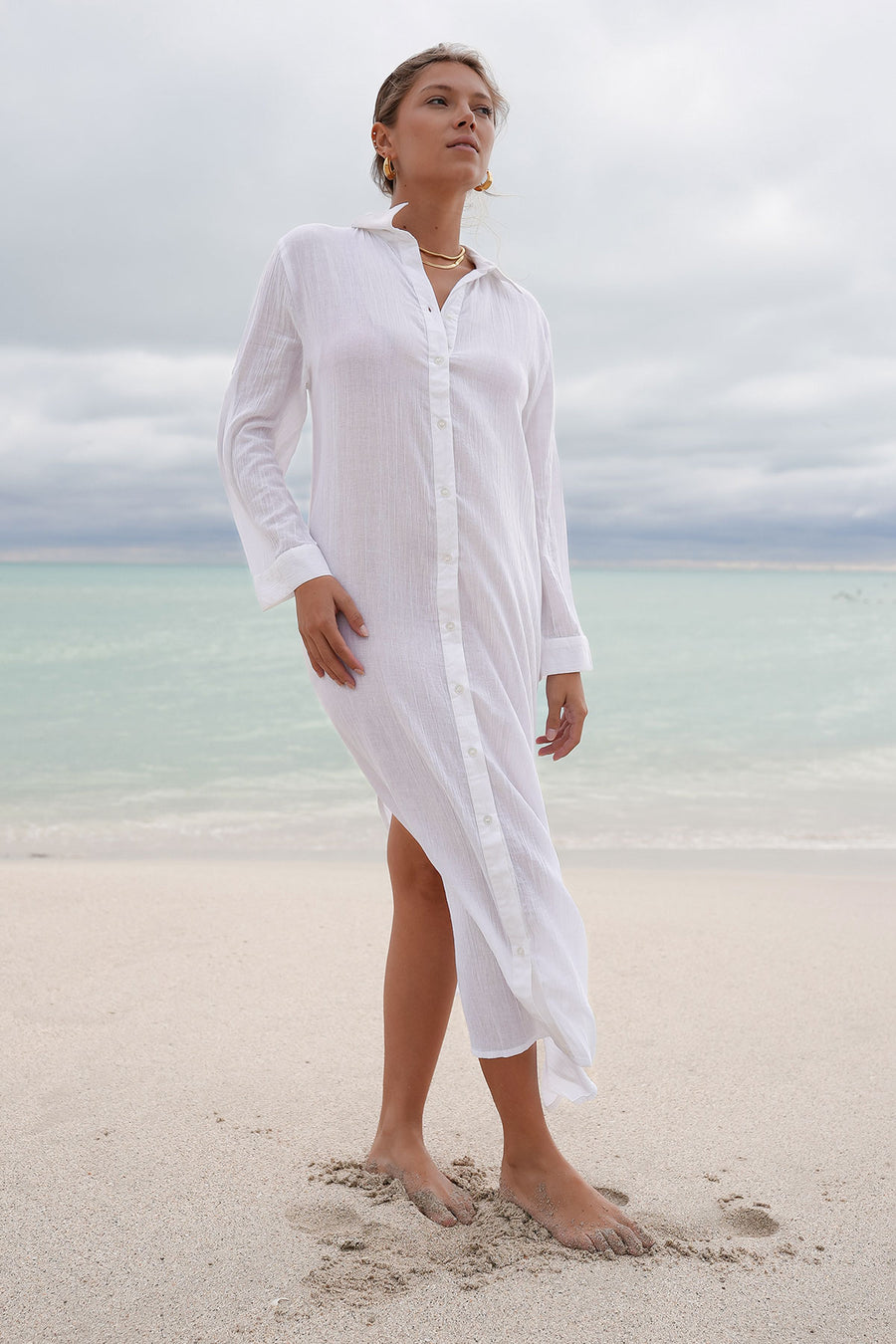 white linen beach shirt dress Organic Cotton Shirt Dress with Pockets | Relaxed Button-Down Maxi Dress - Beach Coverup- Bohemian Shirt Dress