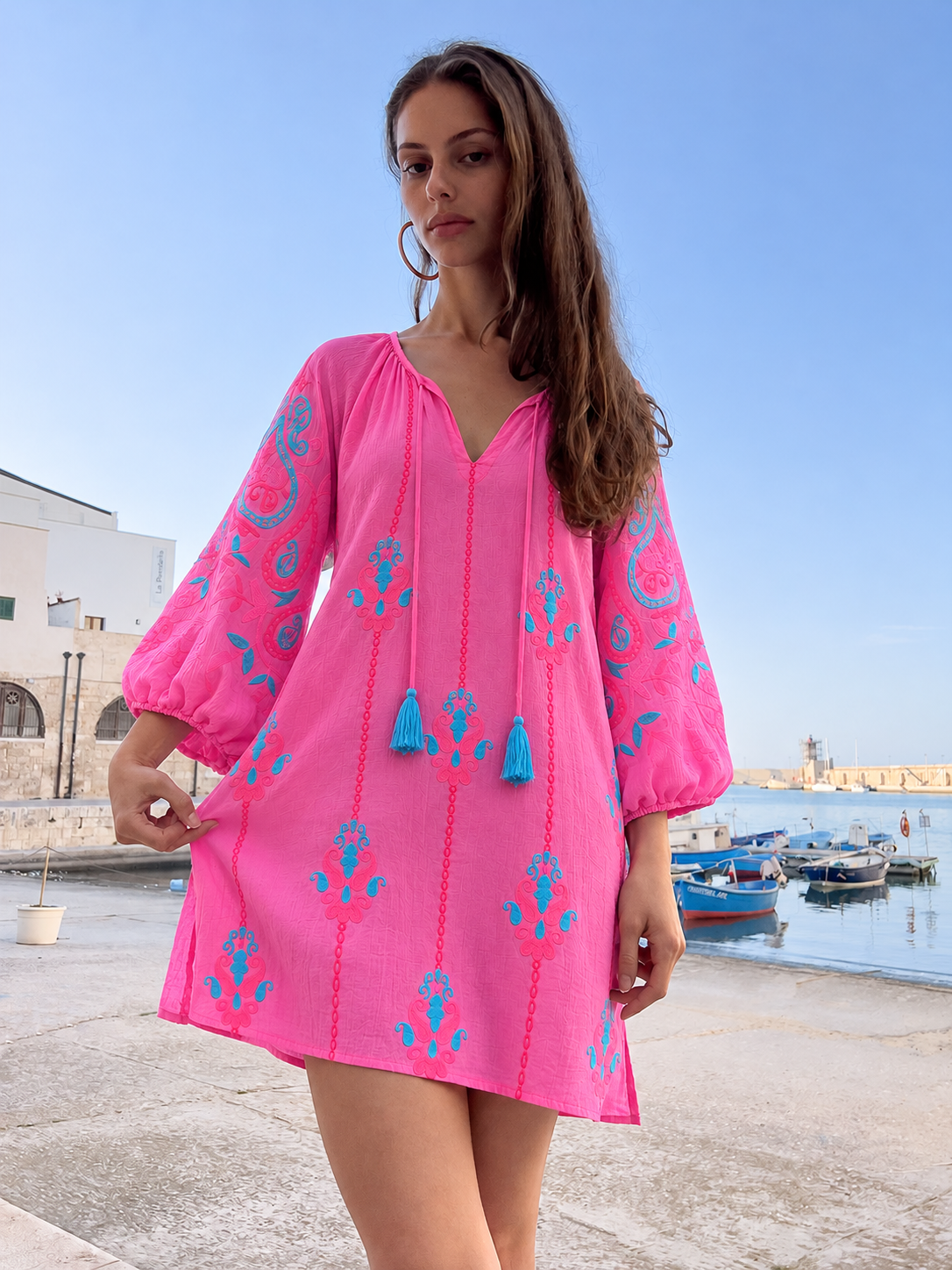 Risa Tunic Pink Multi — pink embroidered tunic, walking front view