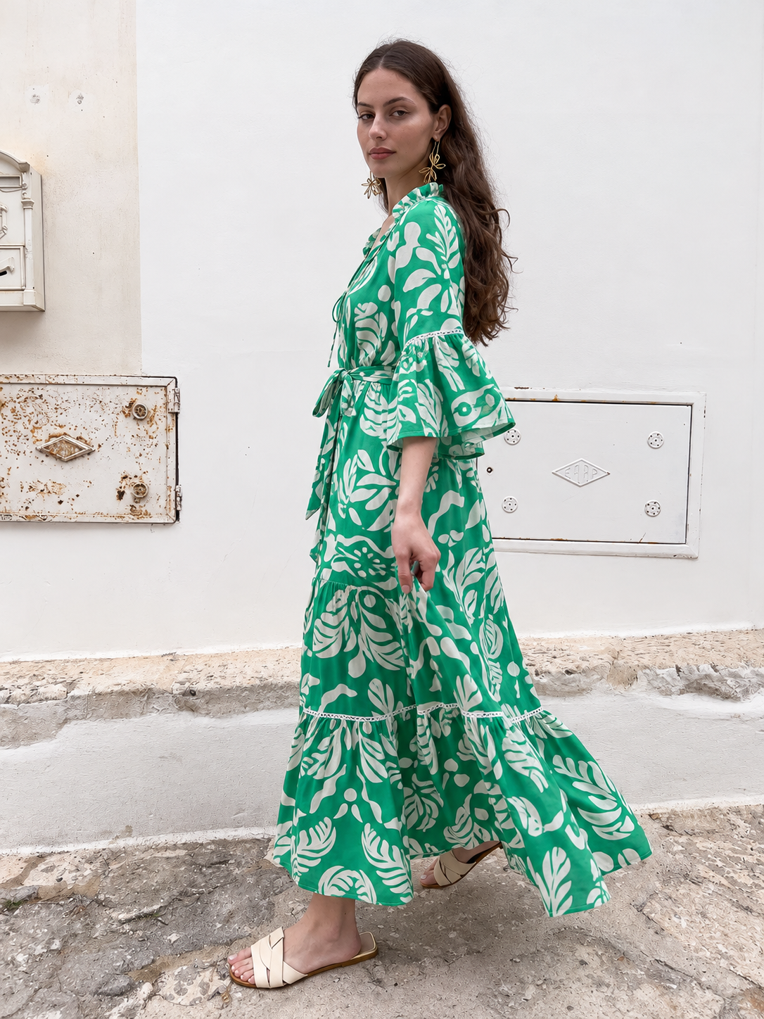 Vivian Green — green botanical-print dress, side view