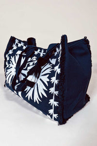extra large canvas beach tote with bold flower embroidery in beautiful navy by Debbie Katz