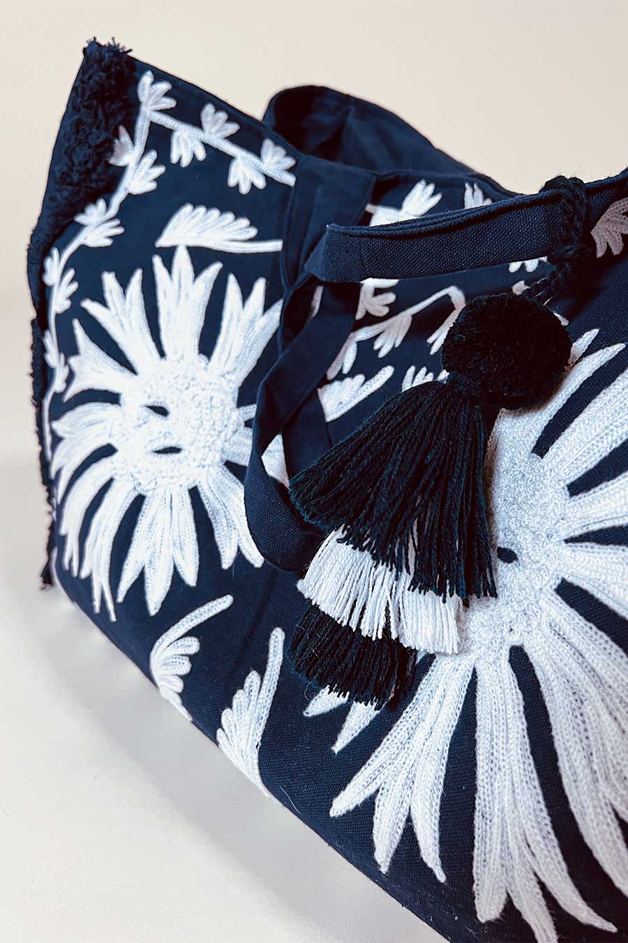 oversized embroidered boho beach bag in navy by debbie katz